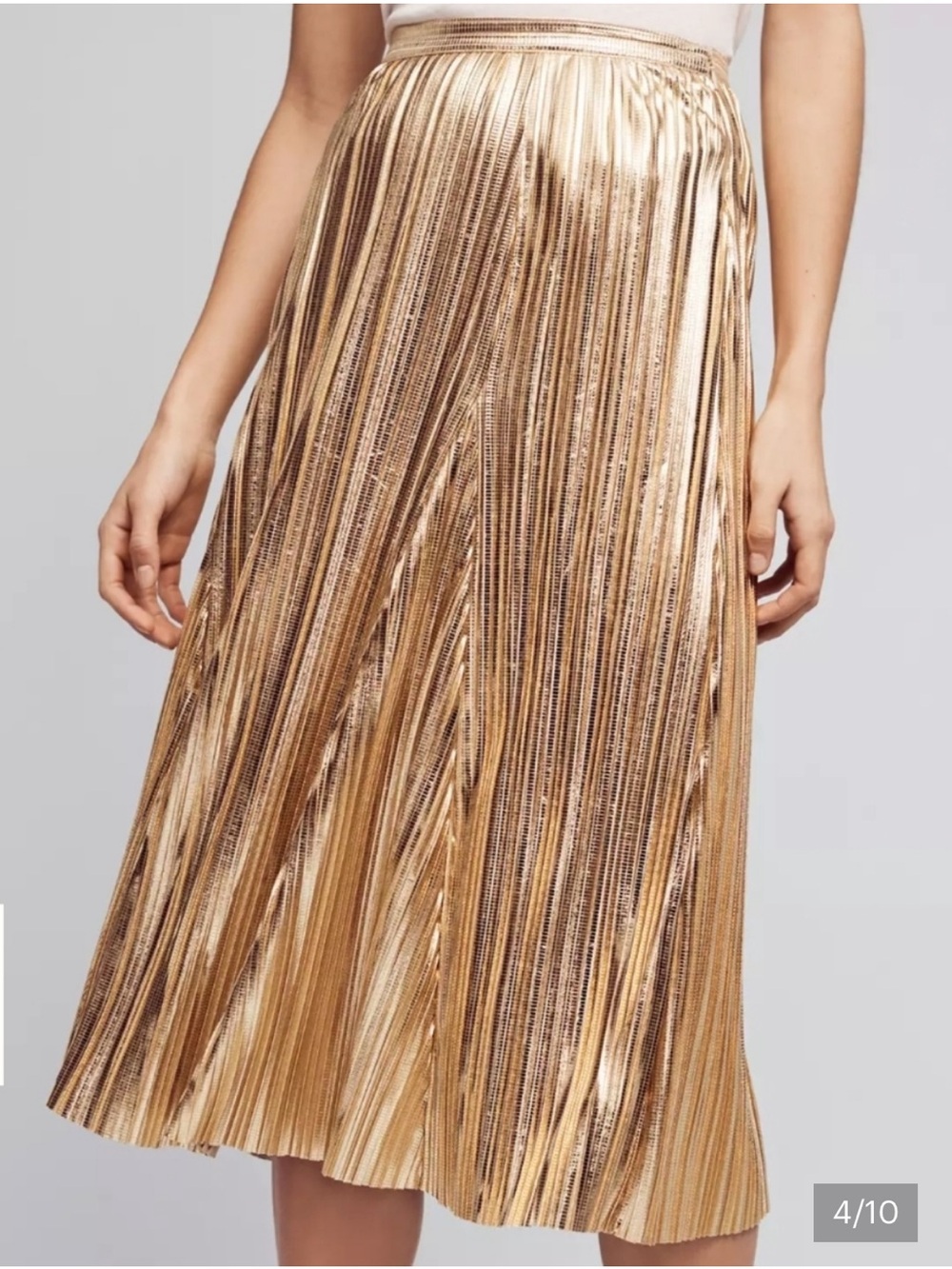 Anthropologie Metallic Gold Pleated Midi Skirt